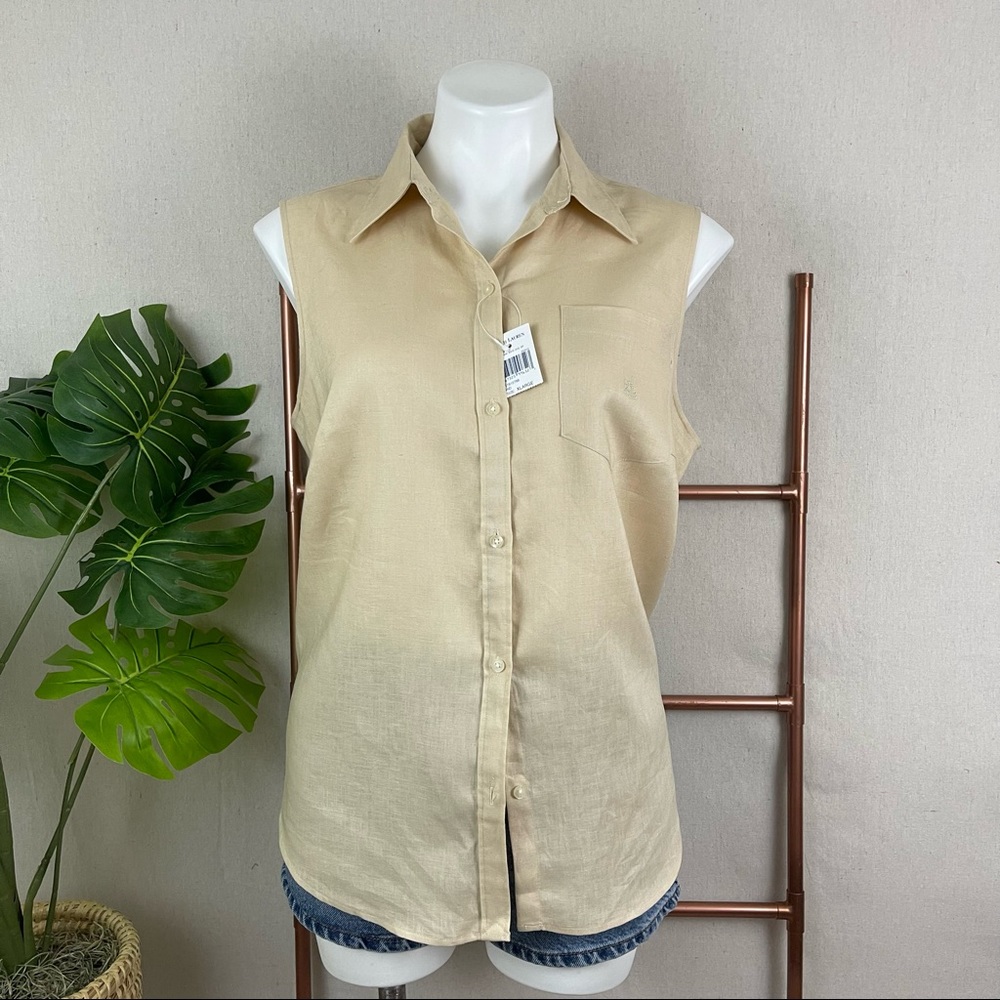 Lauren Ralph Lauren Khaki Tan Linen Sleeveless Button-down Shirt (Sz XLa…